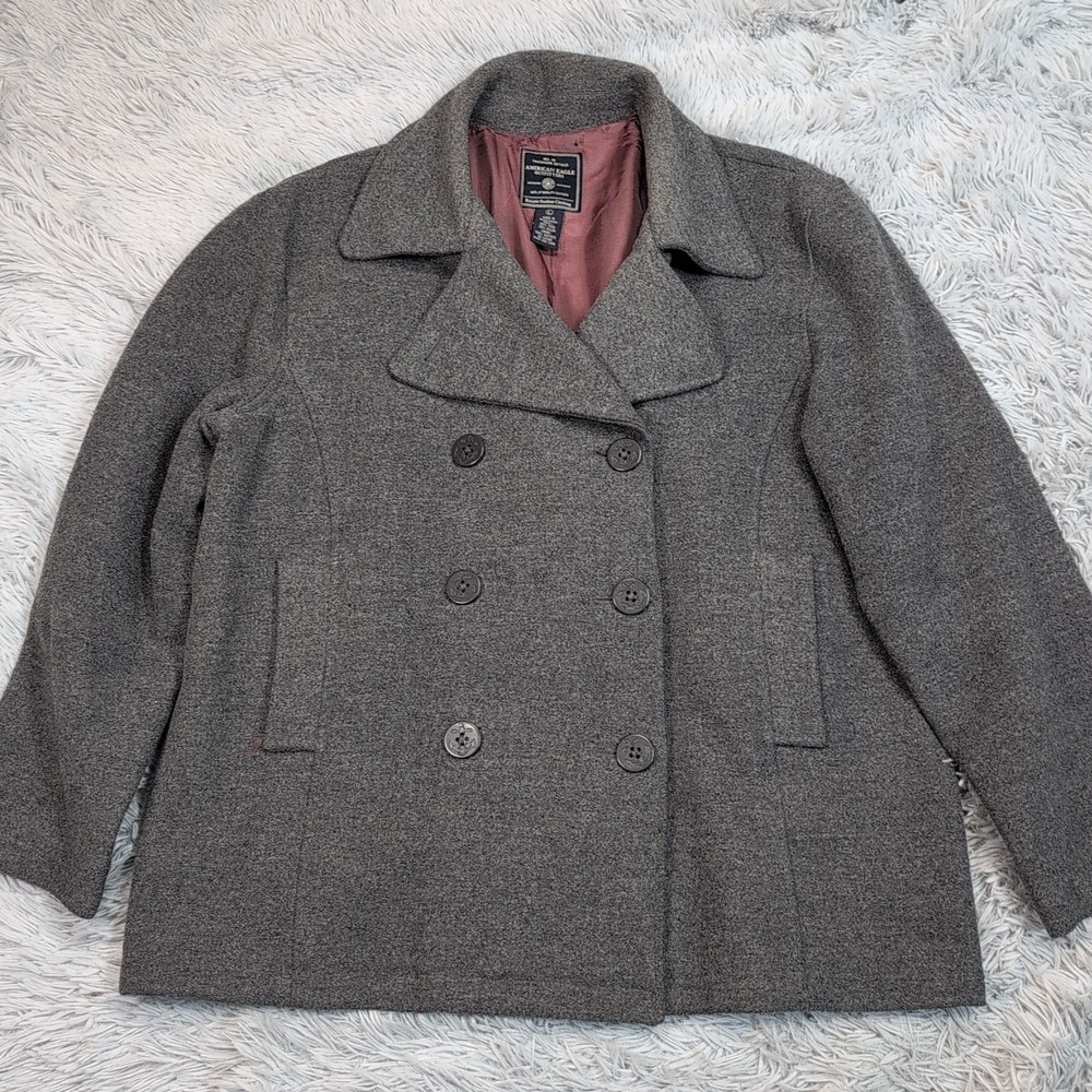 American Eagle Jacket Womens L Gray Wool Blend Pea Coat Warm Cozy Preppy Comfort